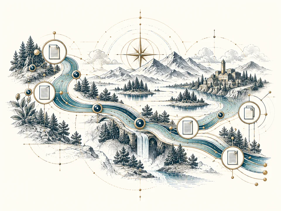 An engraved river of connected records; a metaphor for tracing information from source to use.